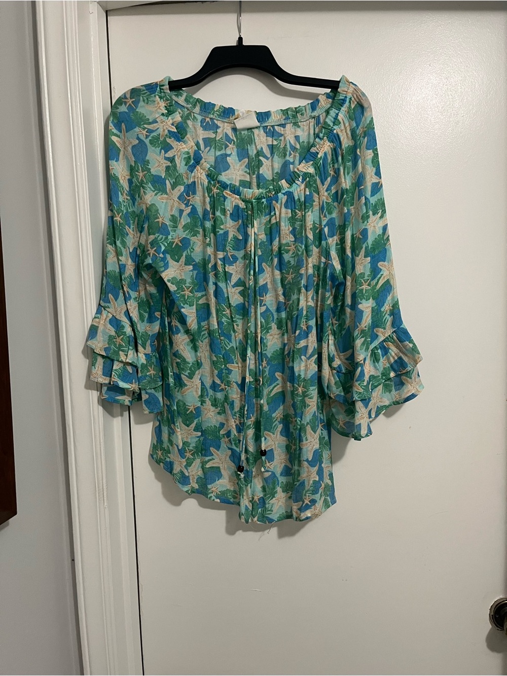 Seafoam Blue Floral Ruffle-Sleeve Peasant Blouse - Women's